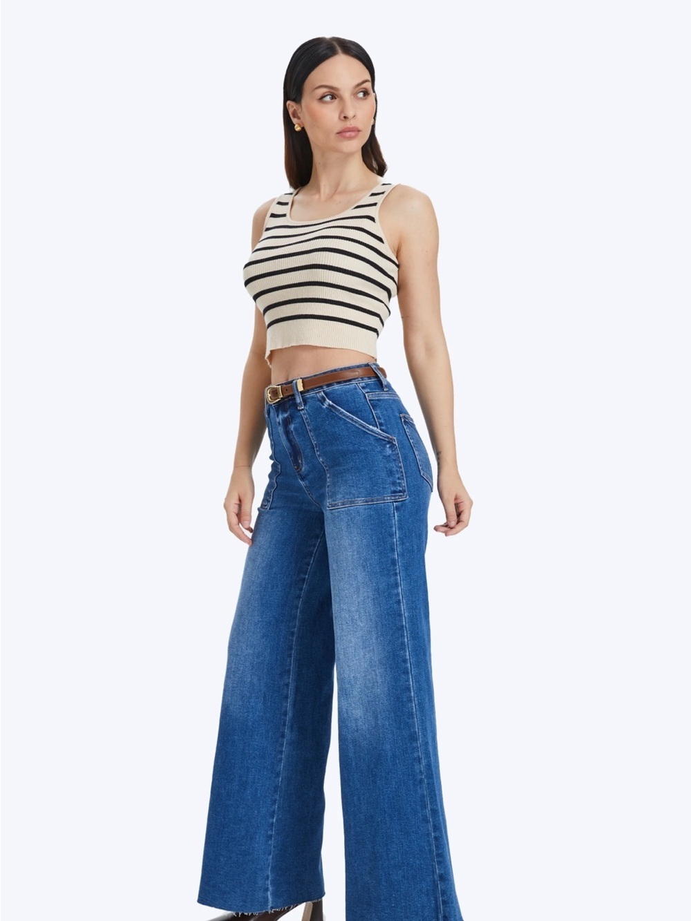 BAYEAS Wide Leg Blue Denim Jeans with Front Patch Pockets-NWT